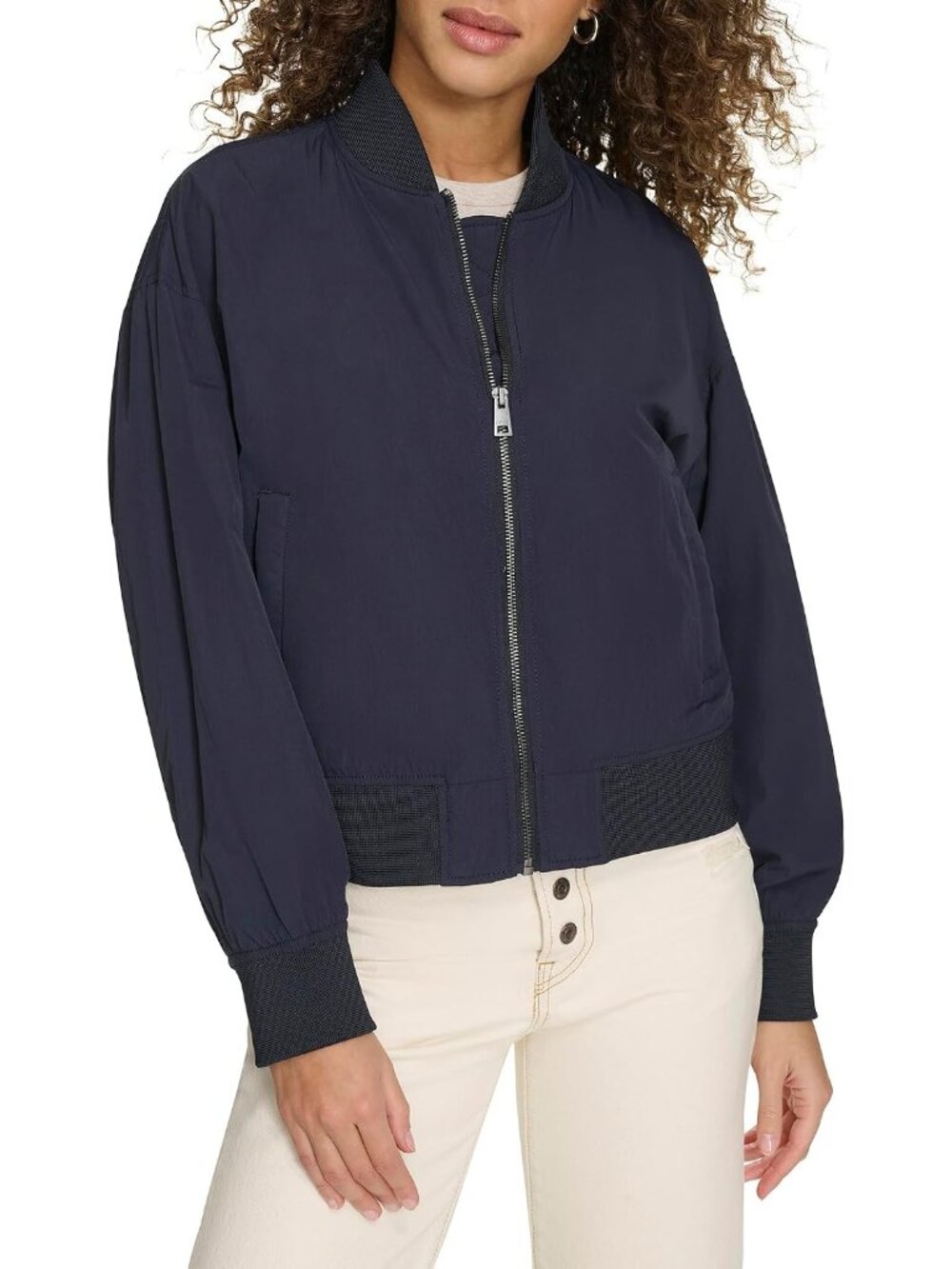 Women's Navy Nylon Band Collar Front Zipper Rib Knit Breathable Bomber Jacket